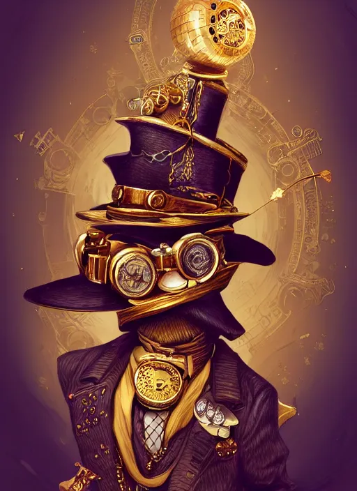 Prompt: athropomorphized rich duck capitalist sitting on pile of gold, wearing steampunk top hat, steampunk goggles, casting spell, concept art, insanely detailed and intricate, hypermaximalist, elegant, ornate, hyper realistic, super detailed, art deco, cinematic, trending on artstation, magic the gathering artwork