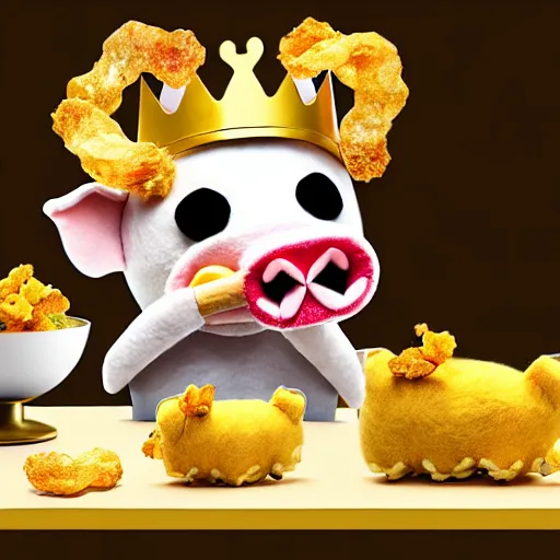 Prompt: realistic photo of a cute felt stuffed animal pig wearing a gold crown eating a bowl pork rinds and pickles at table with a bib on, high quality, cinematic concept art