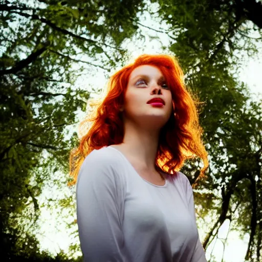 Image similar to beautiful redhead woman looking up at an angle full body with magic hour light y