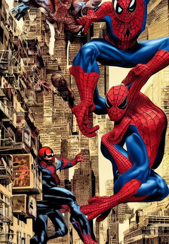 Image similar to spiderman fighting venom in a new york alley, comic book cover by lee bermejo and alex ross