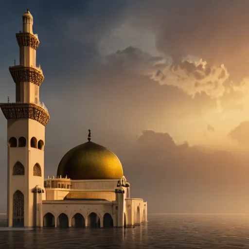 Image similar to an old mosque with huge dome and tall minarets, a sunset and a huge clouds in the background, heavy sea in front, on style of aivazovsky, 4k, epic lights, sun beams, ultra details, hyper realistic, octane render, unreal engine, unbelievable graphics, 8k,