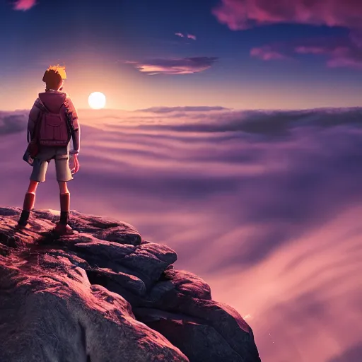 Prompt: young man facing the desperate and endless call of the void, mountain top above clouds, beautiful sunset, unreal 5 render, vivid colors, high detail, studio ghibli, digital art, octane render, beautiful composition, trending on artstation, award - winning photograph, masterpiece