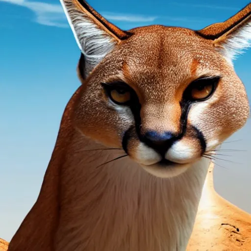 Prompt: A beautiful scene from a 2020 sci-fi film featuring a humanoid caracal wearing a suit. Detailed, photorealistic special effects.