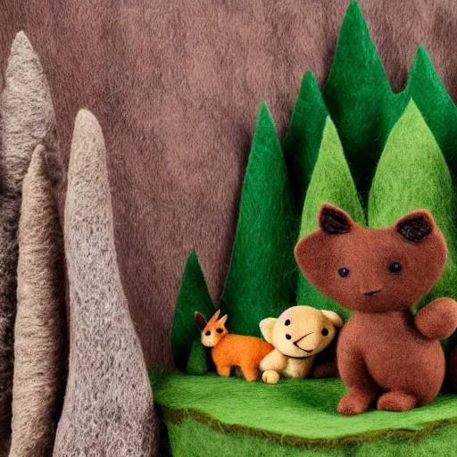 Image similar to high - res photograph of a felt sculpture diorama with cute fluffy forest critters, highly detailed sculpey diorama, forest setting, waterfall backdrop, realistic materials, wood, felt, cloth, burlap, smooth, sharp foccus, commercial product photography,