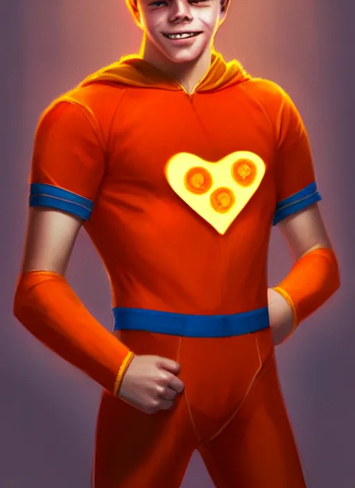 Image similar to friendly teenage archie andrews wearing an orange superhero costume with heart logo, freckles, superhero costume, heart emblem on chest, cape, intricate, elegant, glowing lights, highly detailed, digital painting, artstation, sharp focus, illustration, art by wlop, mars ravelo and greg rutkowski