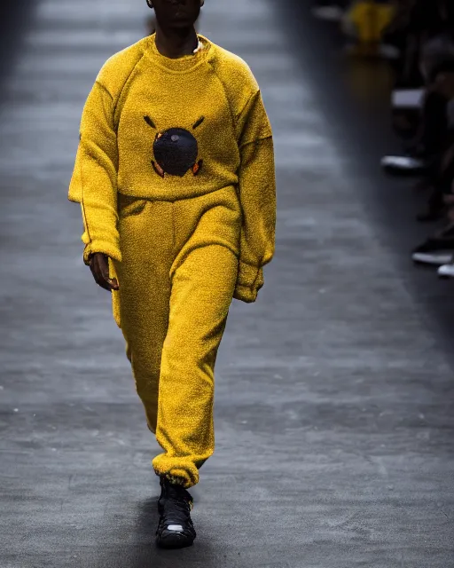 Image similar to hyperrealistic and heavy detailed 2321s Yeezy runway show of Pikachu , Leica SL2 50mm, vivid color, high quality, high textured