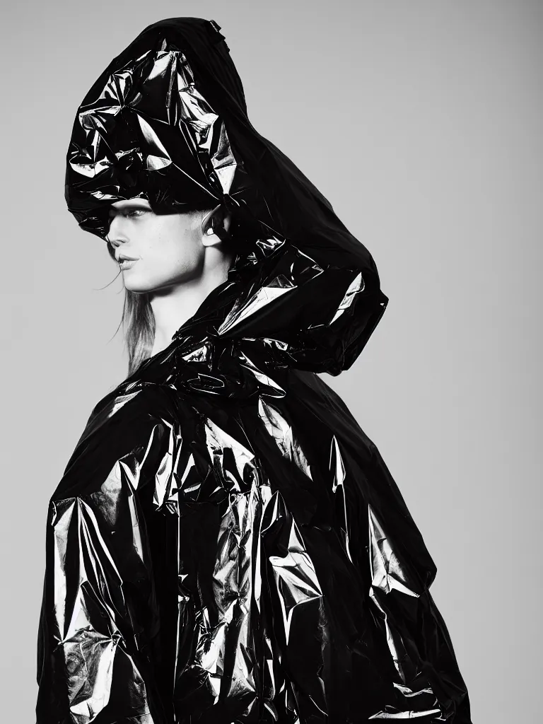 Prompt: photograph of a fashion model wearing black balenciaga hooded jacket, looking away from camera, covered in plastic, 4K,