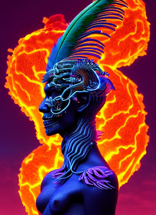 Image similar to 3 d goddess profile portrait, sigma 5 0 0 mm f / 5. beautiful intricate highly detailed quetzalcoatl skull and feathers. bioluminescent, plasma, lava, ice, water, wind, creature, thunderstorm! artwork by tooth wu and wlop and beeple and greg rutkowski, 8 k trending on artstation,