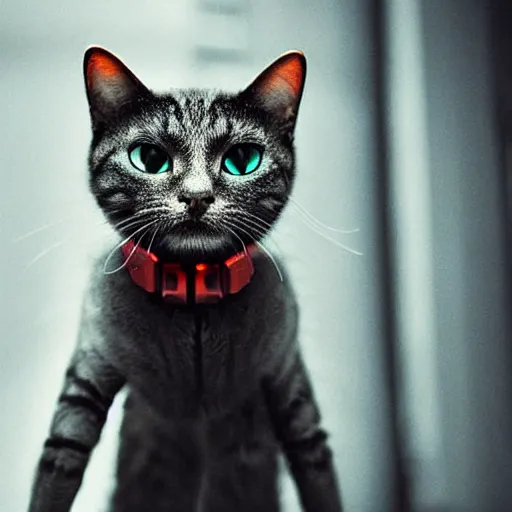 Image similar to portrait of a cute cyberpunk cat, realistic, futuristic, robot, professional photography