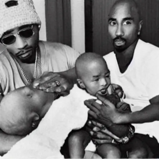 Image similar to photo of 2 pac taking care of my white caucasian baby, the baby is white you stupid ai.