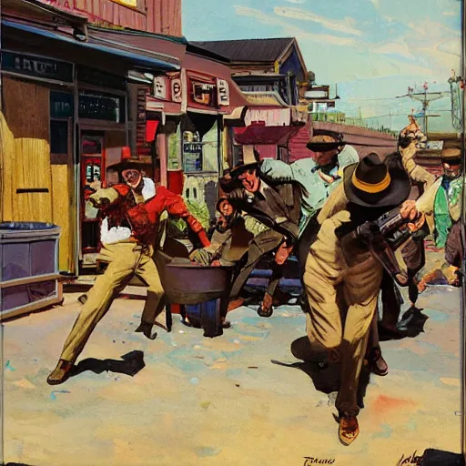 Prompt: dynamic shootout in western town, by tom lovell and frank schoonover and dean cornwell