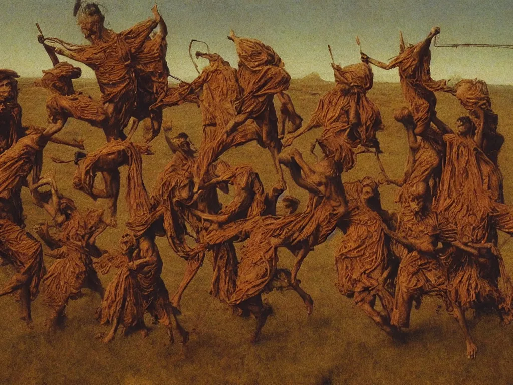 Prompt: A group of six male friends having fun. Painting by Beksinski, Jan van Eyck