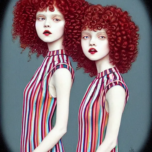 Prompt: red curly haired twins wearing striped clothes:: by Martine Johanna and Chie Yoshii and Casey Weldon:: ornate, dynamic, particulate, pastel colors, intricate, elegant, highly detailed, centered, artstation, smooth, sharp focus, octane render, 3d