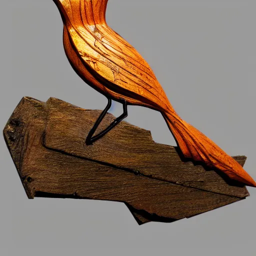 Image similar to carved wooden colorful bird, golden crown, dark, rusty, fantasy forest, highly detailed, ultra realistic, artstation, smooth, sharp focus