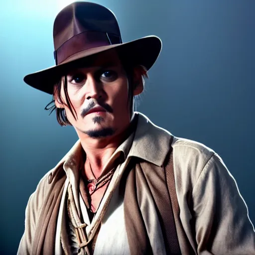 Image similar to johnny depp as indiana jones, cinematography lighting