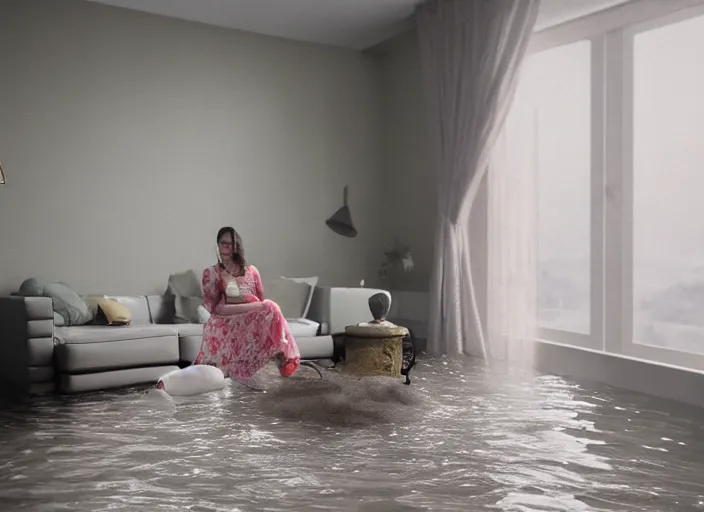 Image similar to kodak portra 4 0 0 photographic and realistic, 7 0 s living room, detailed, octane render, unreal engine, 4 k, artstation, hyper realistic, a woman afloat, white lace dress, floor flooded, wide angle, how river, 2 8 mm, sharp focus, soft light, volumetric light fog, in the style of gregory crewdson