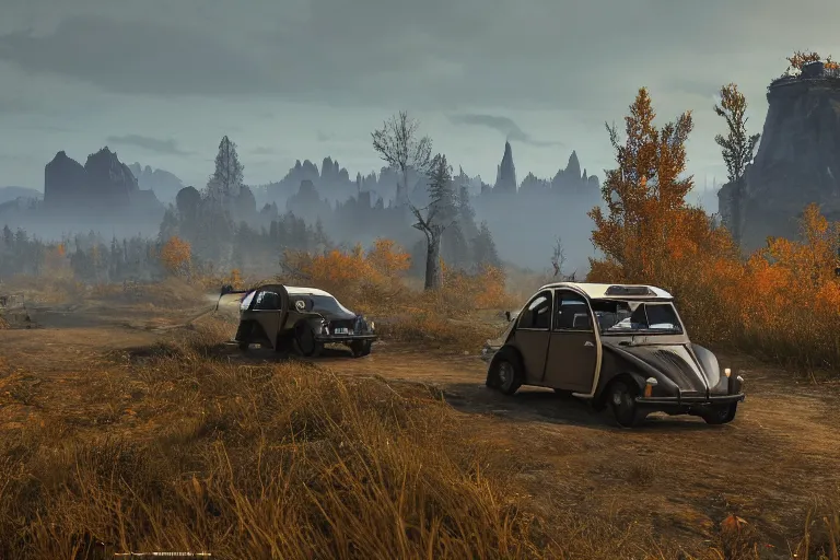 Image similar to offroad citroen 2 cv ( 1 9 6 5 ) driving across the rift, riften city in the background, epic fantasy, autumn, the elder scrolls v : skyrim, dramatic lighting, establishing shot, by simon stalenhag