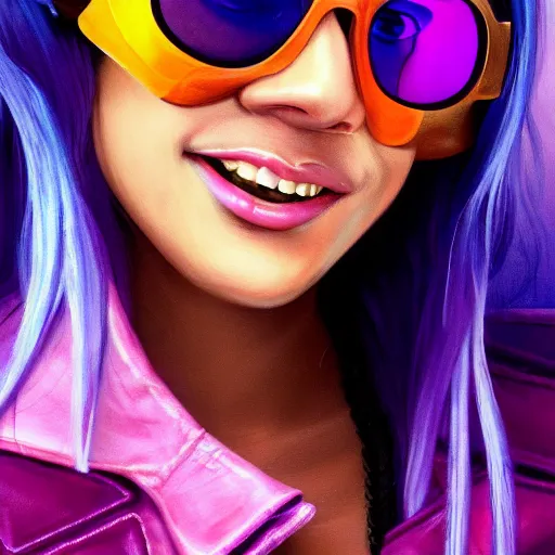 Image similar to closeup painting of a very beautiful young mexican cyberpunk woman with a smile, wearing light blue shutter shades, slatted shades, and a purple coloured leather jacket, one side haircut, long brown hair with light blue ends, portrait, hyperdetailed, artstation, cgsociety, synthwave by tangerine dream, by jean - michel jarre, by vangelis, by john carpenter