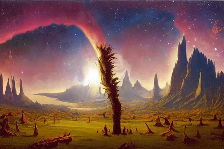 Prompt: miskatonic university big bang landscape in the style of dr. seuss,'2 0 0 1 a space odyssey ', painting by albert bierstadt