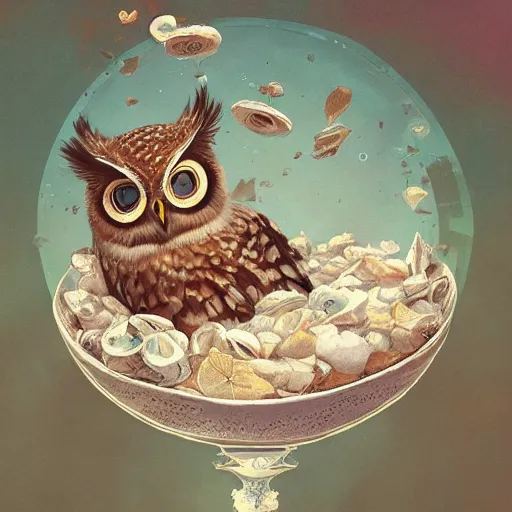 Image similar to long shot of a very cute owl chick nesting in a very romantique cup, by esao andrews, by james jean, marc simonetti, by victo ngai, humorous illustration, hyperrealistic, big depth of field, warm colors, night scenery, dim light, 3 d octane render, 4 k, hyperdetailed, hyperrealistic, trending on artstation