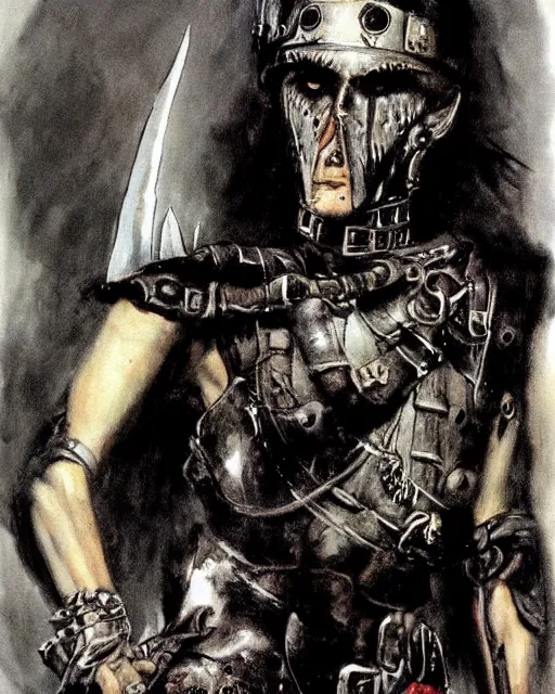 Image similar to portrait of a skinny punk goth soldier wearing armor by simon bisley, john blance, frank frazetta, fantasy, barbarian