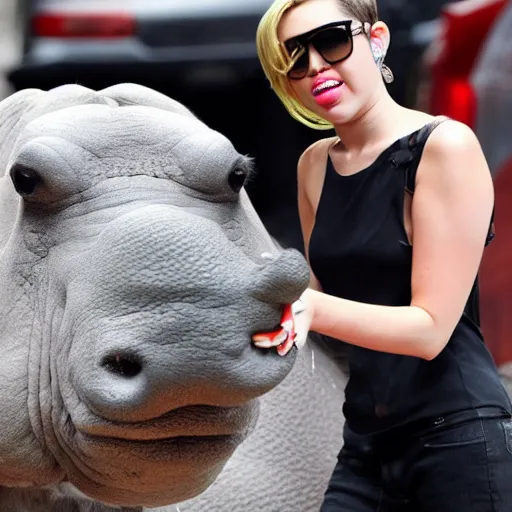 Image similar to Miley Cyrus with a hippo, paparazzi, photography, street, high quality, tmz,