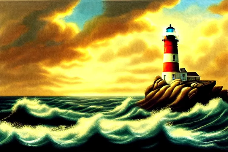 Prompt: a painting of a lighthouse built on seashore rocky cliff with stormy waves crashing into the rocks and sea birds flying in the golden hour, in the style of john martin, digital art