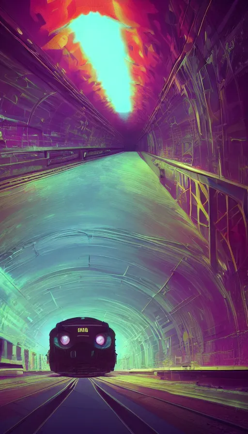 Image similar to a train driving through a psychedelic tunnel, by beeple,