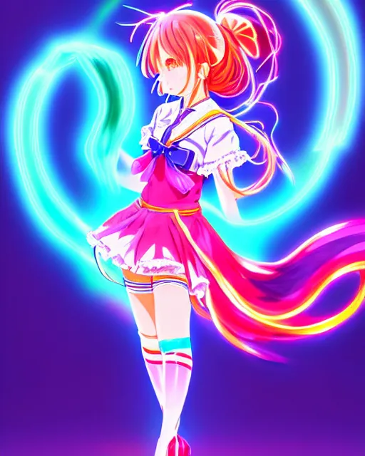 Image similar to anime style, vivid, expressive, full body, 4 k, painting, a cute magical girl idol with a long wavy colorful hair wearing a colorful dress, correct proportions, stunning, realistic light and shadow effects, neon lights, studio ghibly makoto shinkai yuji yamaguchi