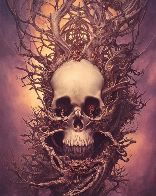 Image similar to a beautiful detailed front view of a dead rotten skull with ornate growing around, ornamentation, baroque architecture, elegant, beautifully soft lit, by wayne barlowe, peter mohrbacher, kelly mckernan