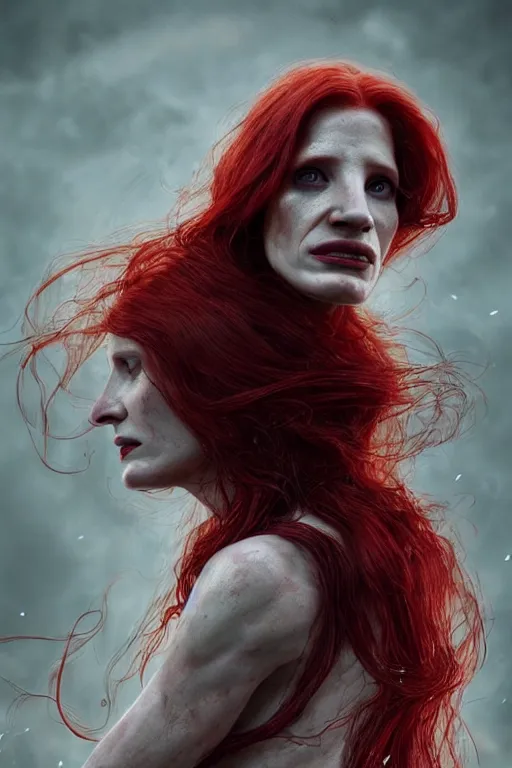 Image similar to woman skeleton covered with blood, jessica chastain face!!!, long red hair, ultra realistic, concept art, intricate details, highly detailed, 4 5 mm. photorealistic, octane render, 8 k, unreal engine. retro film still, heavy grain, 3 5 mm, art by artgerm and greg rutkowski and alphonse mucha