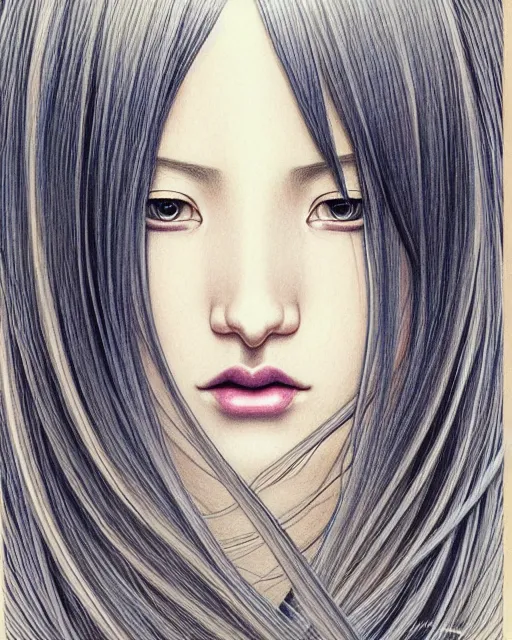 Prompt: ' bored waifish woman with silky straight hair ', closeup shot of face, beautiful shadowing, 3 d shadowing, reflective surfaces, illustrated completely, 8 k beautifully detailed pencil illustration, extremely hyper - detailed pencil illustration, intricate, epic composition, masterpiece, bold complimentary colors. stunning masterfully illustrated by artgerm, range murata, alphonse mucha, katsuhiro otomo.