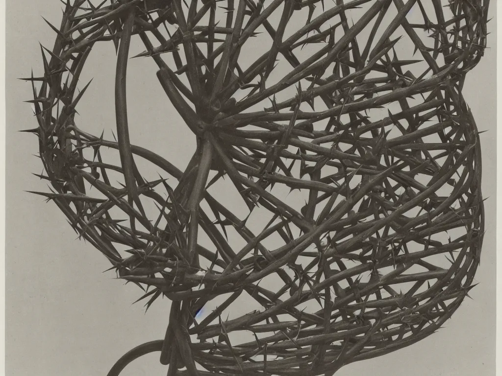 Image similar to humanoid round chair with thorns. karl blossfeldt, henri moore