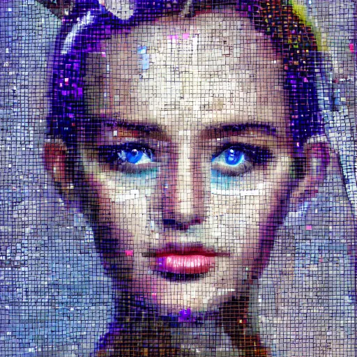 Image similar to portrait mosaic of a beautiful cute girl with robot ears and eyes by joe biden, 4k, intricate details, digital, between heaven and hell