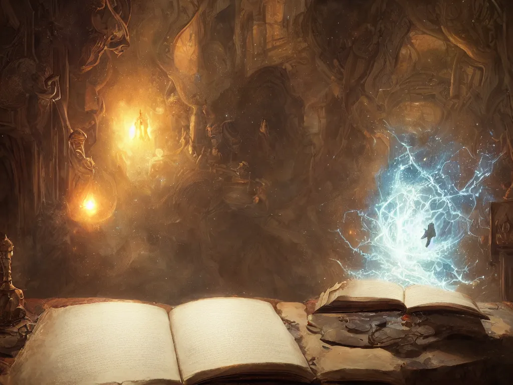 Prompt: detailed painting of a magical book open on a table that is a portal to a fantasy realm by Greg Rutkowski, fantasy, dramatic light