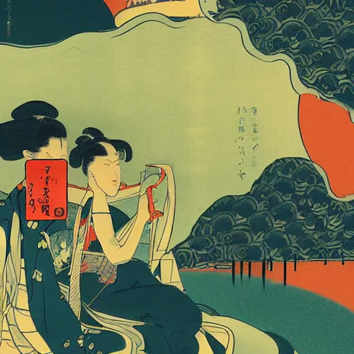 Image similar to digital cyber punk ukiyo-e painting, artstation