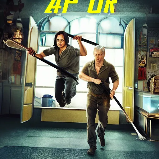 Prompt: poster of the action movie : mopping the floor 2, photorealistic, ultra high detail, 8 k