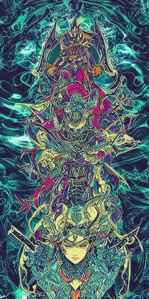 Image similar to a ninja from final fantasy 14, intricate, amazing line work, cosmic, psychedelic, cheerful, colorful, tarot cards, the devil tarot card