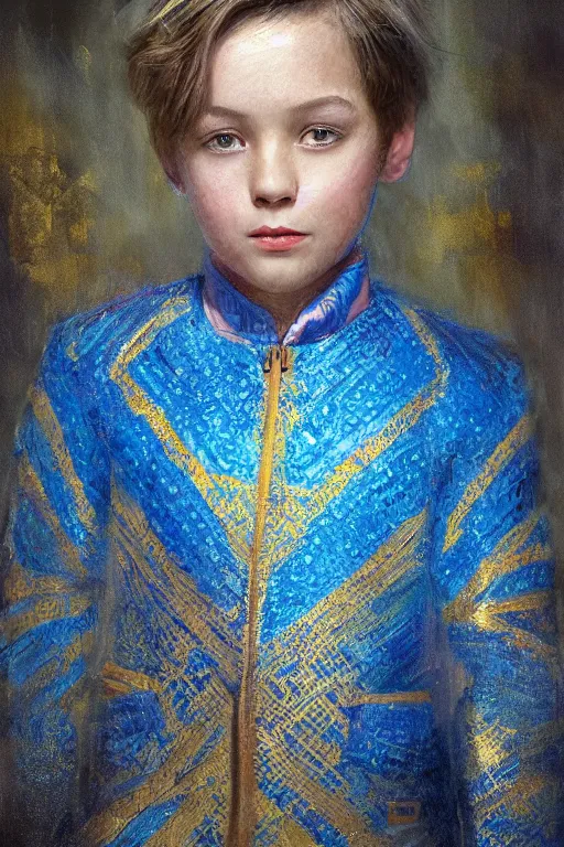 Image similar to little boy, close - up portrait, the portrait is decorated with blue and gold art deco patterns, powerfull, intricate, elegant, volumetric lighting, scenery, digital painting, highly detailed, artstation, sharp focus, illustration, concept art, ruan jia, steve mccurry