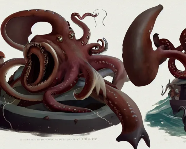 Image similar to sea of thieves concept art for a new large unreleased enemy type kraken anthropomorphic squid men humans, cgsociety, trending on artstation, rare ltd,