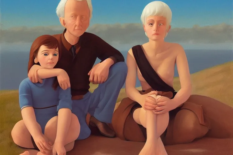 Prompt: beautiful painting of friends, beautiful faces, sitting on the edge, cute, soft light, digital painting by ralph mcquarrie and diane arbus