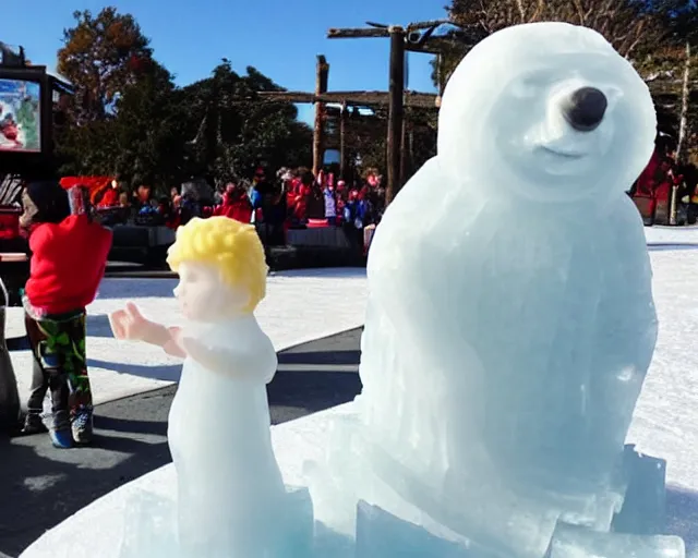 Image similar to ice sculpture. there is a little blonde boy trapped in the figurine made of ice. antartica. coca cola polar bear cheers on. concerned parents looking down from a zoo railing.