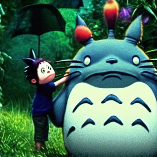 Prompt: tim burton's My Neighbor Totoro remake, live action, dark comedy, gothic, production photo