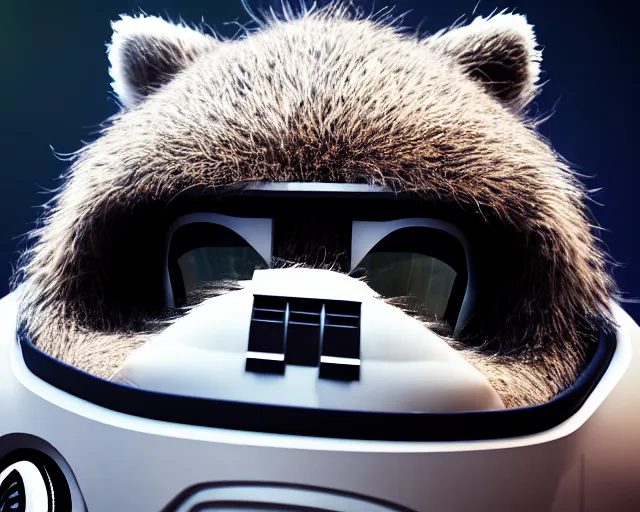 Prompt: 3 5 mm portrait, furry rocket the raccoon sitting in the cockpit of the millennium falcon, wearing storm trooper armor, soft volumetric lighting, cinematic, pixar, octane, 8 k, photorealism!!