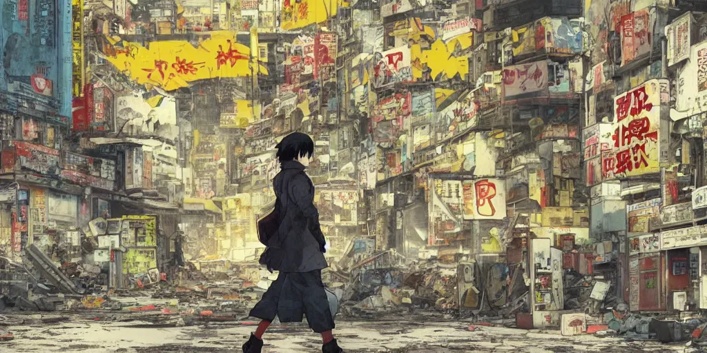Prompt: incredible wide screenshot, ultrawide, simple watercolor, rough paper texture, katsuhiro otomo ghost in the shell movie scene, backlit distant shot of girl in a parka running from a giant robot invasion side view, yellow parasol in deserted dusty shinjuku junk town, broken vending machines, bold graphic graffiti, old pawn shop, bright sun bleached ground, mud, fog, dust, windy, scary robot monster lurks in the background, ghost mask, teeth, animatronic, black smoke, pale beige sky, junk tv, texture, shell, brown mud, dust, tangled overhead wires, telephone pole, dusty, dry, pencil marks, genius party,shinjuku, koju morimoto, katsuya terada, masamune shirow, tatsuyuki tanaka hd, 4k, remaster, dynamic camera angle, deep 3 point perspective, fish eye, dynamic scene