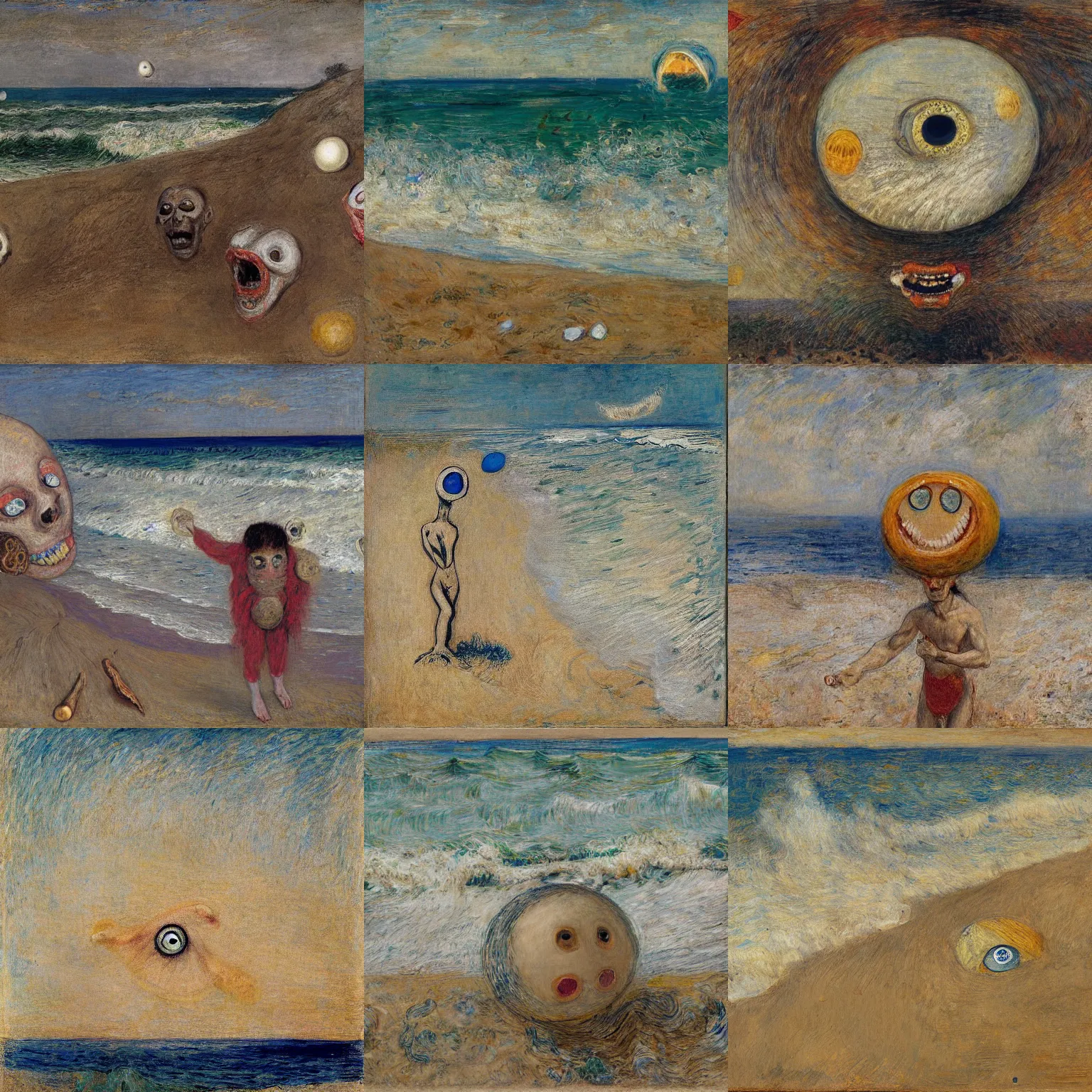 Prompt: a wave on the beach making the facial expression of a shell containing a ball made out of eyes and teeth, artwork by james ensor and odlion redon