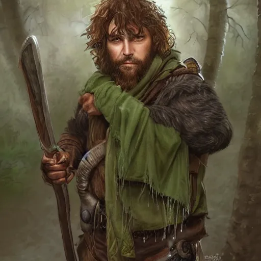 Image similar to a rugged warrior hobbit in leather armor with very short hair and a dark green cloak hiking through the forest holding a hunting bow, trending on artstation, realistic, detailed, by Tony Sart