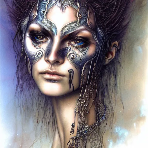 Image similar to an award finning closeup facial portrait by luis royo and john howe of a bohemian androgynous cyberpunk traveller clothed in excessively fashionable 8 0 s haute couture fashion and wearing ornate art nouveau body paint