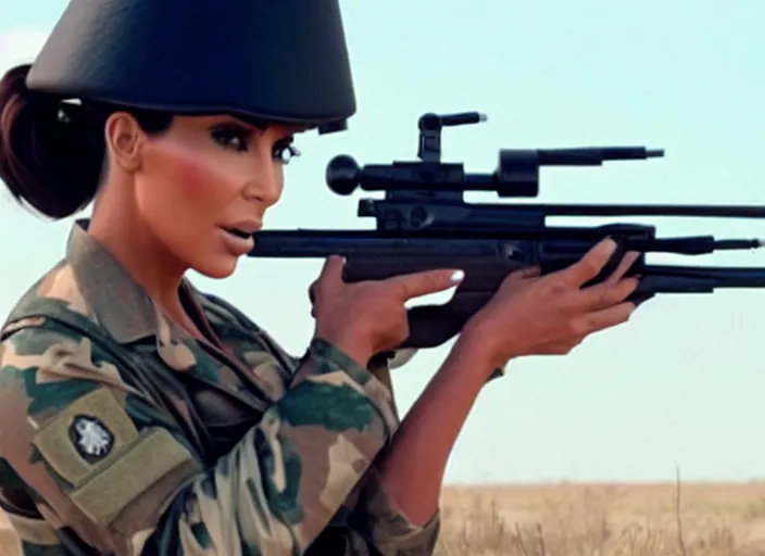 Prompt: a film still of kim kardashian as a soldier firing a rifle, open neckline, backround : warzone