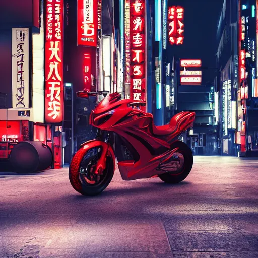 Prompt: ultra realistic render of Akira motorbike in the streets of Tokyo at night, octane render, cyberpunk, 8K, depth of field, bokeh, Akira moto, Akira red bike, ultra detailed, photorealistic